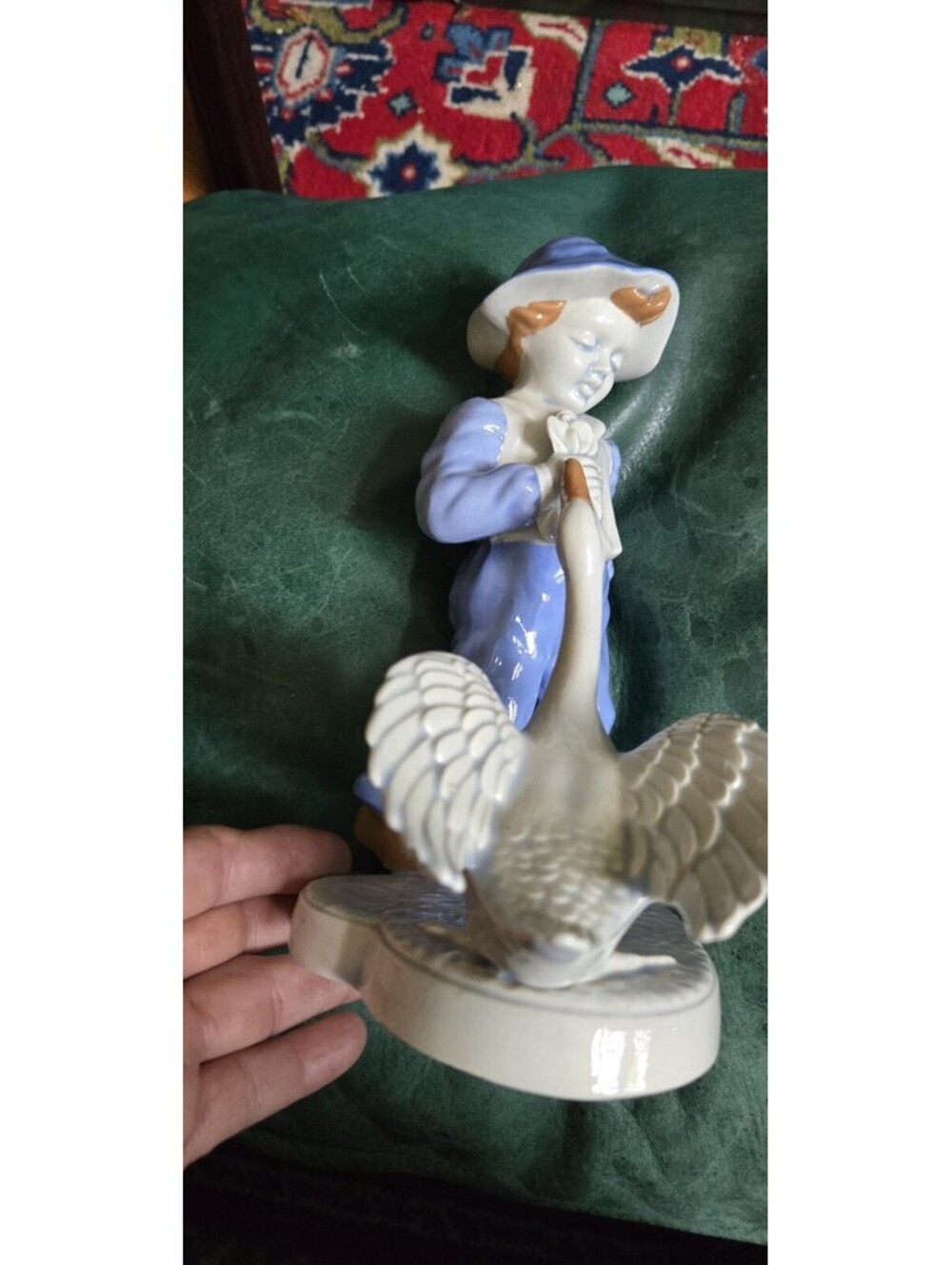 Lg. 9” Vtg. Holland Mold “Boy With Goose” Figurine Blue & white Handpainted